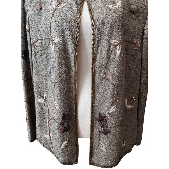 Adrianna Papell Vintage Silk Floral Embroidered Open Front Jacket Gold W/ Accent - Picture 3 of 8